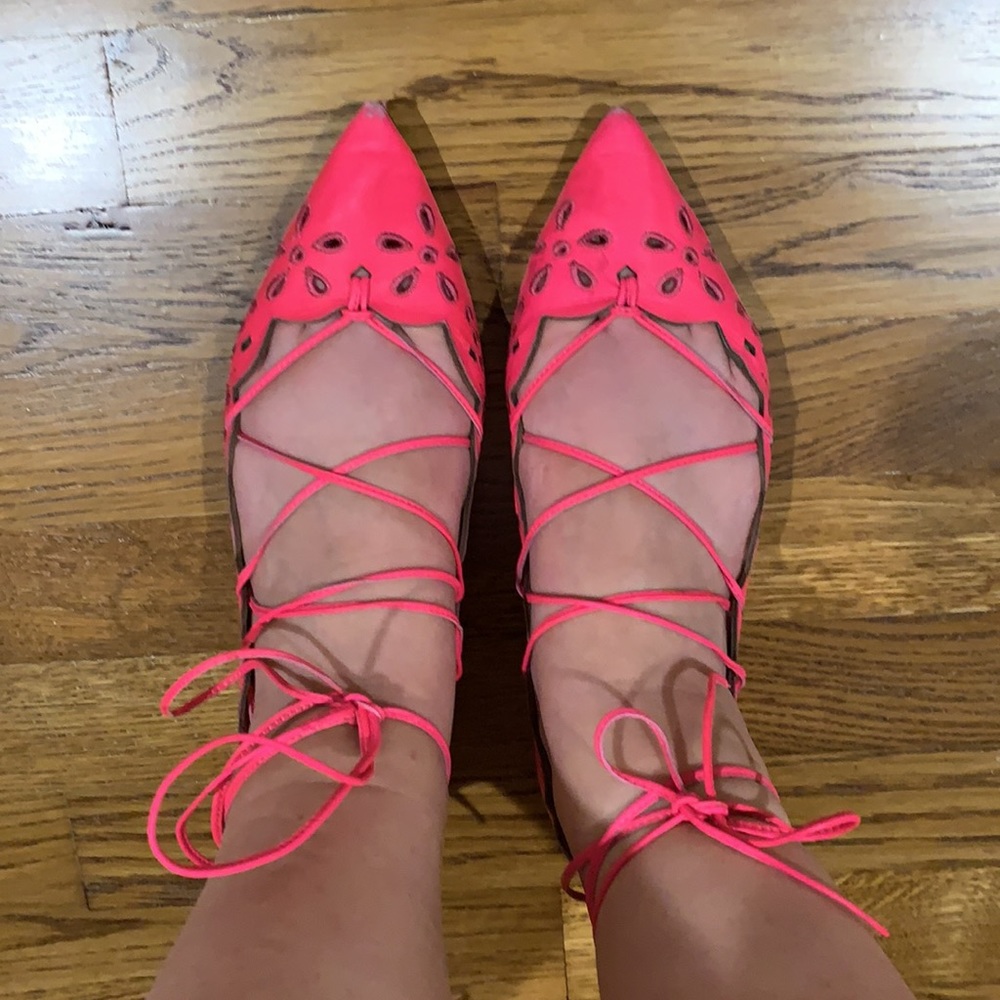J.Crew hot pink lace up eyelet flats size 8